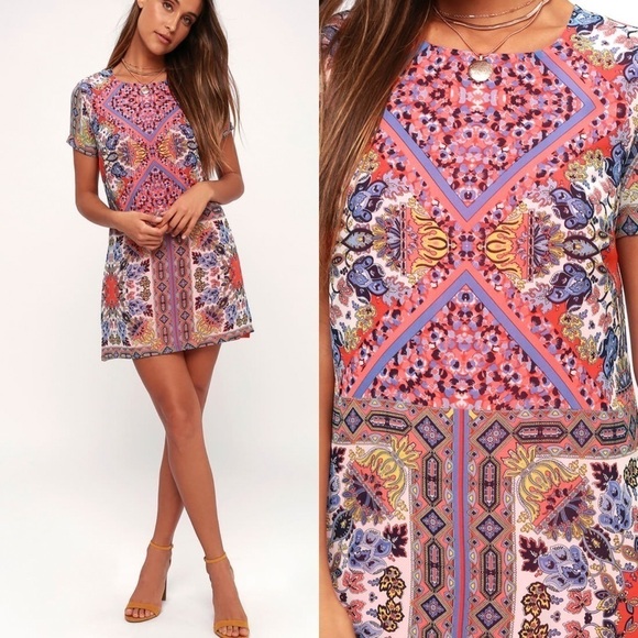 Lulus Sangria Coral Pink Tile Print Shift Dress in Multi‎ Size Extra Small - Picture 2 of 8